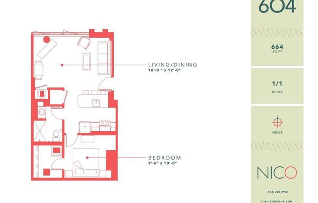 1 bed, 1 bath, 664 sqft, $1,245, Unit 604