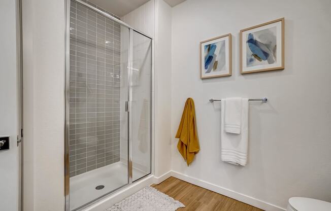 a bathroom with a shower and two pictures on the wall