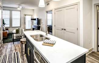 Studio, one, and two-bedroom apartment homes with stainless steel appliances, quarts countertops, designer cabinetry, large kitchens, luxury vinyl plank flooring, high vaulted ceilings, high-end lighting, in-unit washer and dryer, and energy efficient windows at Fireside at Waukee in Waukee, IA