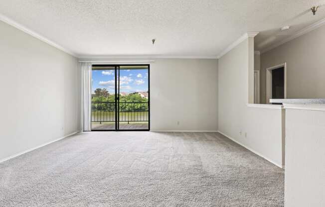 B1 living room with a sliding door to a balcony at Jefferson Creek Apartments in Irving, TX.