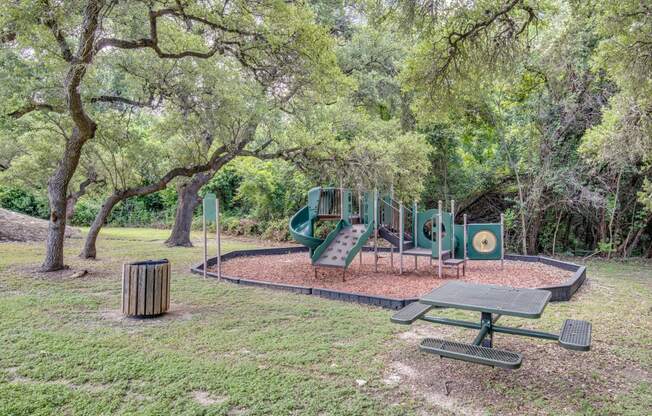 a park with a playground and a picnic table