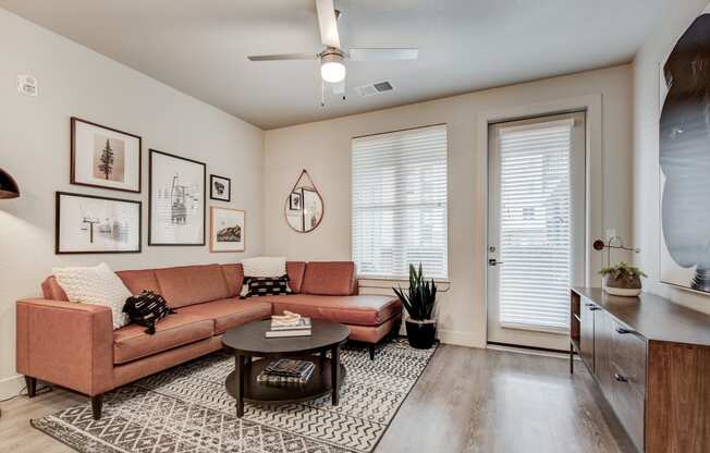 a living room with a couch and a coffee table