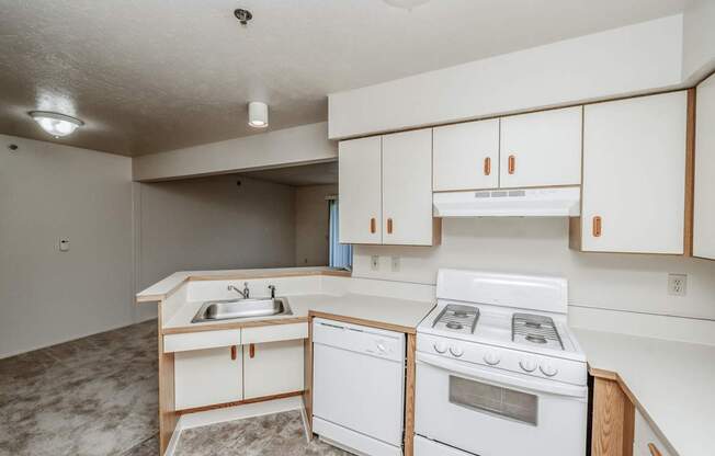 A kitchen with white appliances and cabinets.