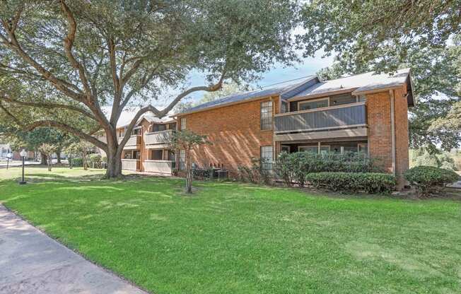 A red brick apartment building with a tree and well-manicured grass in front of it at The Pearl apartments in Shreveport LA