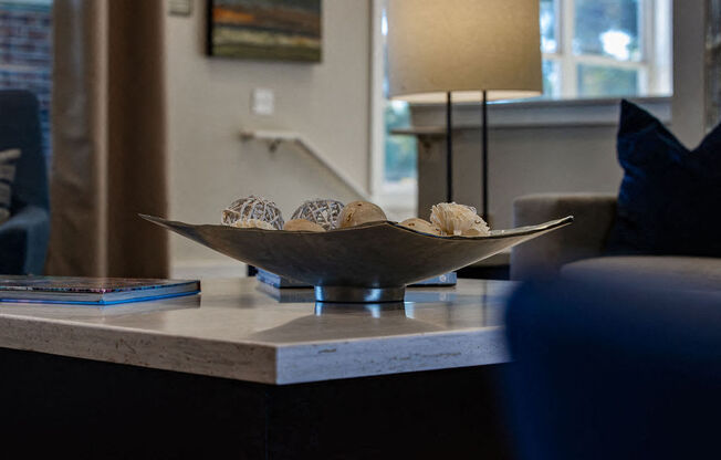 a bowl of seashells sitting on a table in a living room