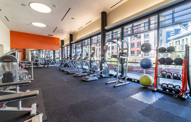 A gym with a variety of equipment including treadmills, weights, and exercise balls.