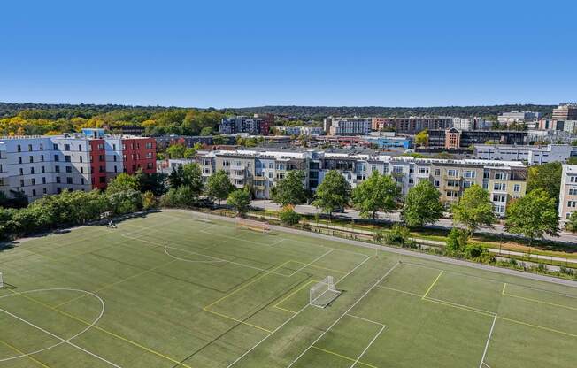 Aerial view of the soccer field at Park77 Apartments, Cambridge, 02138