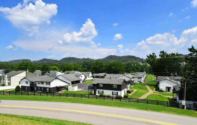 an aerial view of a neighborhood of white and black houses on a grassy field with a