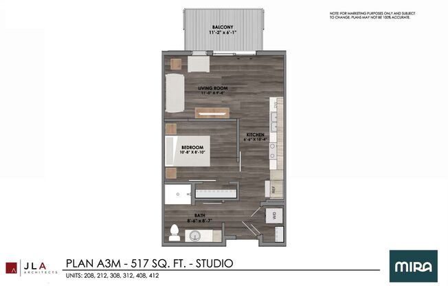 Studio, 1 bath, 517 sqft, $1,250, Unit #208