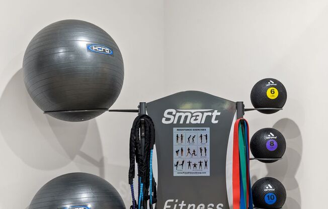 a workout room with two balls and a weight machine