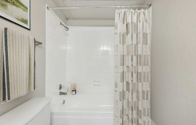 a bathroom with a shower curtain and a tub
