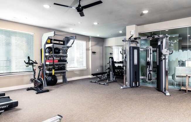A spacious home gym with a variety of equipment including a treadmill, stationary bike, and weight machines.
