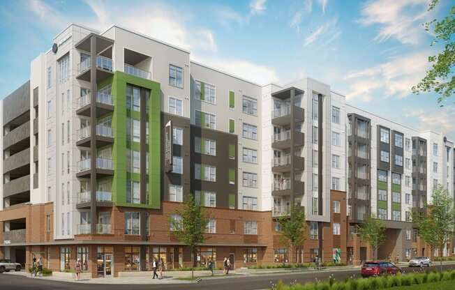 a rendering of an apartment building on a city street at Link Apartments® Calyx, North Carolina