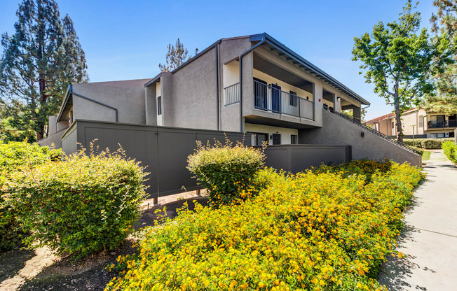 a house with a grey wall and yellow flowers in front of it at Redlands Park Apts, California, 92373