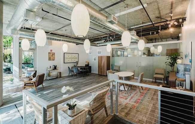 A modern office space with a mix of wood and metal elements.