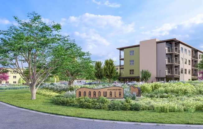 a rendering of the boardwalk sign in front of an apartment building at Boardwalk at Research Park, Alabama