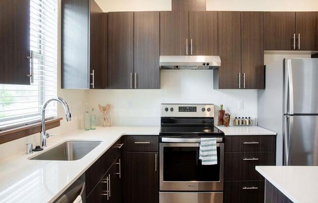 townhome dark finishes with quartz countertops