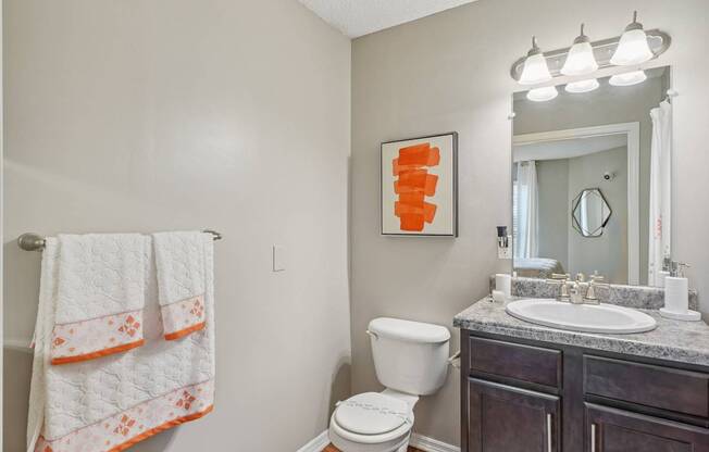 A bathroom with a toilet, sink, and a mirror at The Falls Apartments in Raleigh NC