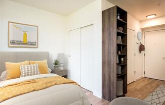 a bedroom with a bed and a closet