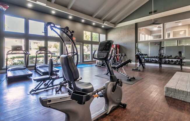 The 24-hour fitness center at The Biltmore Apartments located in the Vickery Midtown neighborhood of Dallas, TX.