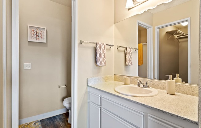 Primary bathroom with oversized vanity at River Oaks in Oceanside, CA