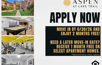 A flyer advertises a limited time offer for Aspen at Lake Trail, including a free 2-month move-in period and a 1-month free stay on select apartment homes.