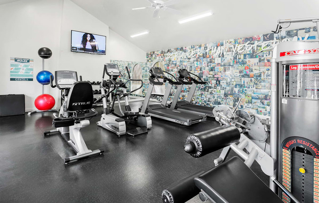 A gym with a variety of equipment including a treadmill, rowing machine, and exercise balls.
