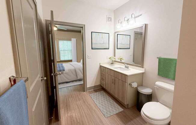 A bathroom with a toilet, sink, and mirror.