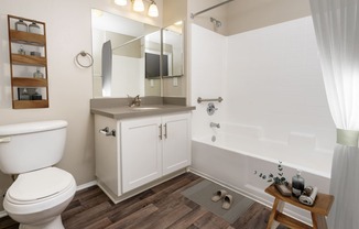 a bathroom with a toilet sink and tub and a mirror