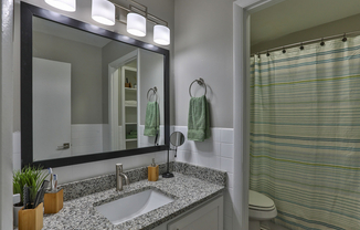 Bathroom with granite counters and bathtub