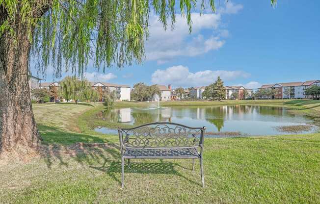 Bench next to our community pond at Ultris Island Park in Shreveport, LA