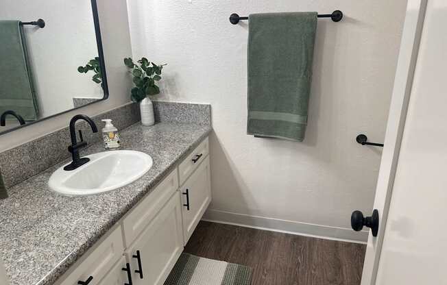 a bathroom with a sink and a mirror and a towel