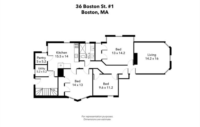 3 beds, 1 bath, 1,200 sqft, $3,850, Unit 1