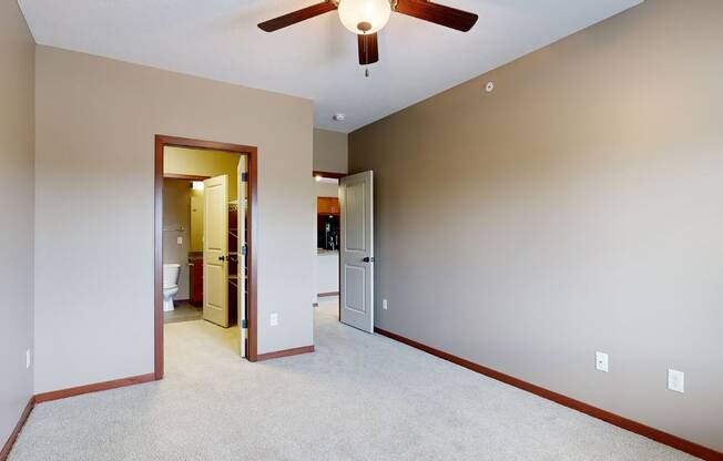 a bedroom with a walk-through closet to the bathroom