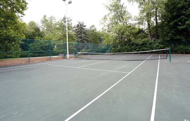 A tennis court surrounded by a green fence.