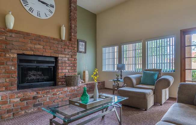 foothills clubhouse with cozy couches, and fireplace