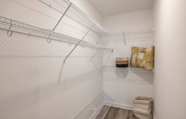 Model walk-in closet with white walls