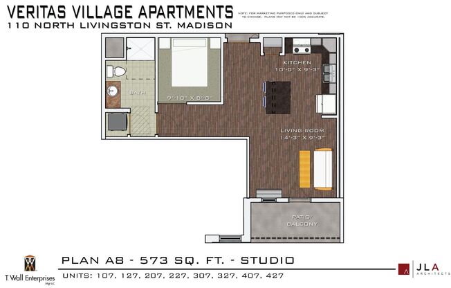 Studio, 1 bath, 573 sqft, $1,619, Unit 107