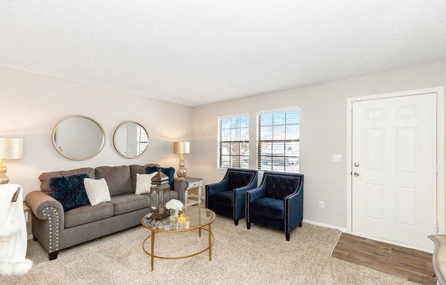 Plush Carpet in the Living Room with Wood Style Flooring at the Door Entry Way