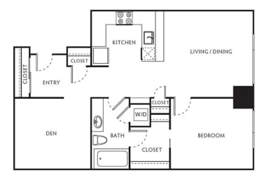 a floor plan of a one bedroom apartment with a spacious living area, luxurious bath, and den at The Parker Apartments, Portland, OR, 97209
