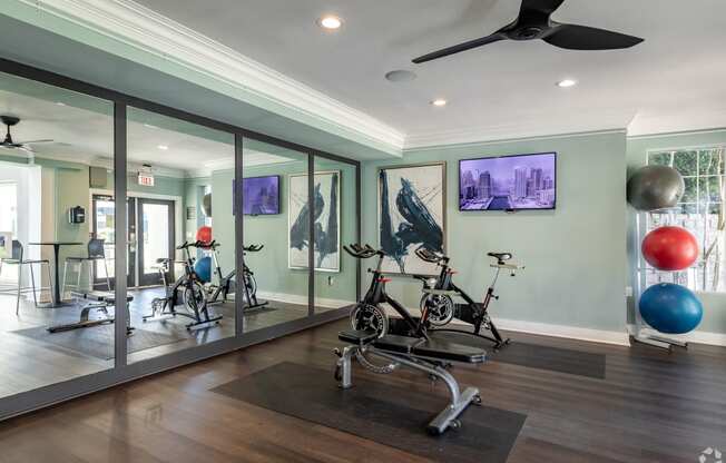 a home gym with a bike and exercise balls