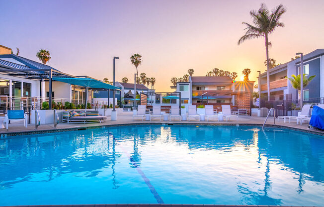 Pool View In Dusk at Beverly Plaza Apartments, Long Beach, CA, 90815