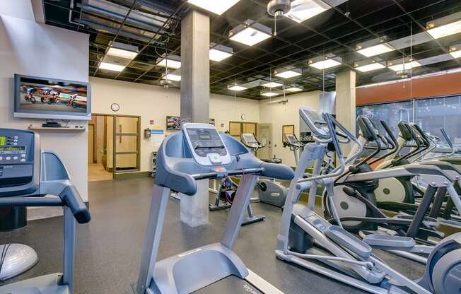 A gym with treadmills and exercise bikes.