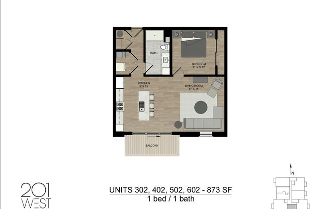 1 bed, 1 bath, 873 sqft, $1,600, Unit 602