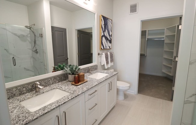 a bathroom with a sink and a shower and a toilet