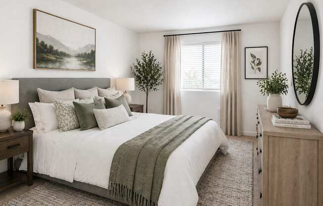 A bedroom with a large bed, a painting on the wall, and a round mirror on the dresser.