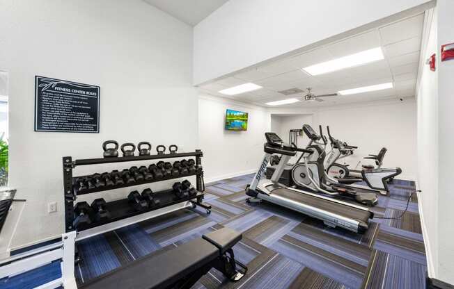 A gym equipped with free weights and treadmills