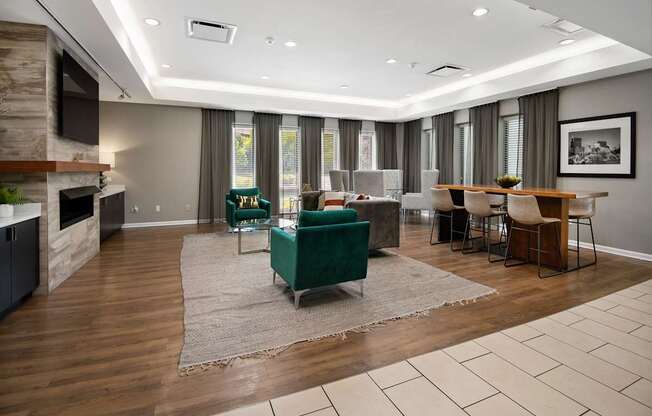 A modern living room with a fireplace and a dining area.