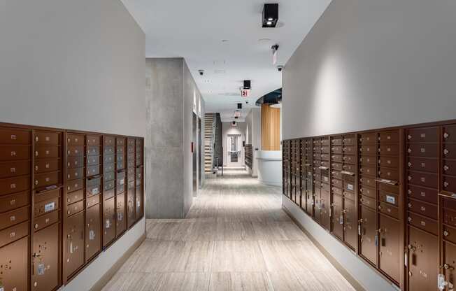 a long hallway with lockers in a building
