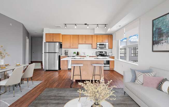 Model Kitchen and living at 1500 Nicollet Apartment Homes, Minneapolis, Minnesota
